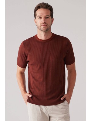 Ysf Erkek Taba Slim Fit Bisiklet Yaka Çizgili Desenli Tişört