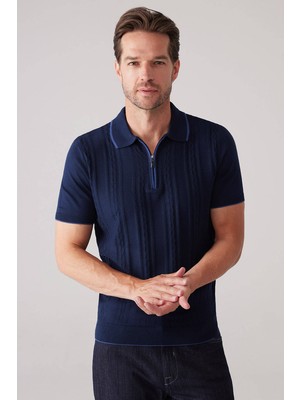 Ysf Erkek Lacivert Slim Fit Örgü Desen Fermuarlı Polo Yaka Tişört