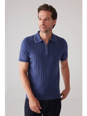 Ysf Erkek İndigo Mavi Slim Fit Örgü Desen Fermuarlı Polo Yaka Tişört