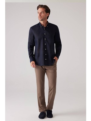 Ysf Erkek Koyu Lacivert Slim Fit Yaka Düğmeli %100 Keten Gömlek