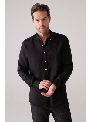 Ysf Erkek Siyah Slim Fit Yaka Düğmeli %100 Keten Gömlek