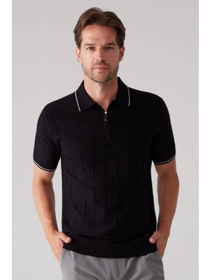 Ysf Erkek Siyah Slim Fit Kaşmir Karışımlı Fermuarlı Polo Yaka Tişört