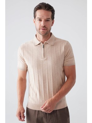 Ysf Erkek Bej Slim Fit Kaşmir Karışımlı Fermuarlı Polo Yaka Tişört