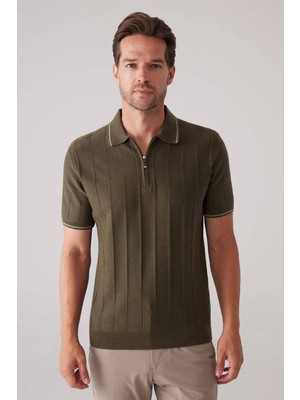 Ysf Erkek Haki Yeşil Slim Fit Kaşmir Karışımlı Fermuarlı Polo Yaka Tişört