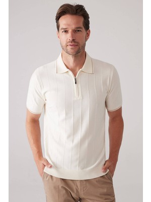 Ysf Erkek Kemik Slim Fit Kaşmir Karışımlı Fermuarlı Polo Yaka Tişört