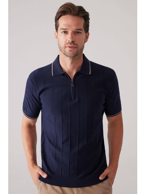 Ysf Erkek Lacivert Slim Fit Kaşmir Karışımlı Fermuarlı Polo Yaka Tişört
