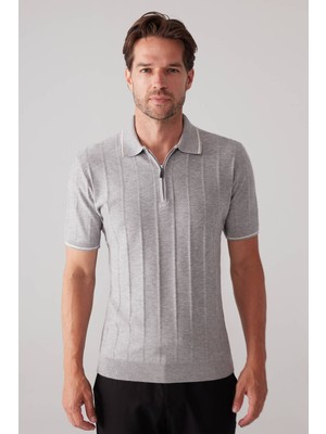 Ysf Erkek Açık Gri Slim Fit Kaşmir Karışımlı Fermuarlı Polo Yaka Tişört