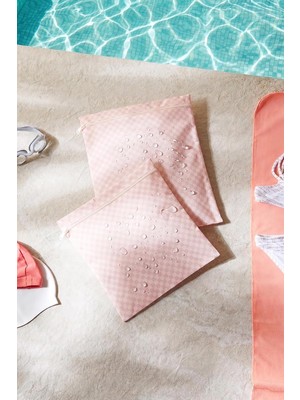 Mey İthalat Ocean Home Textile 2'li Su Geçirmez Pvc Astarlı Pembe Dama Desen Islak Kuru Çantası 28 x 30/30 x 36 cm