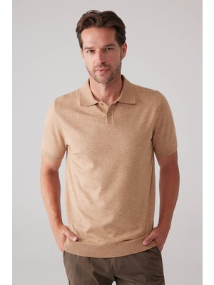 Ysf Erkek Camel Slim Fit Kaşmir Karışımlı Polo Yaka Tişört