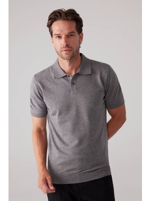Ysf Erkek Koyu Gri Slim Fit Kaşmir Karışımlı Polo Yaka Tişört