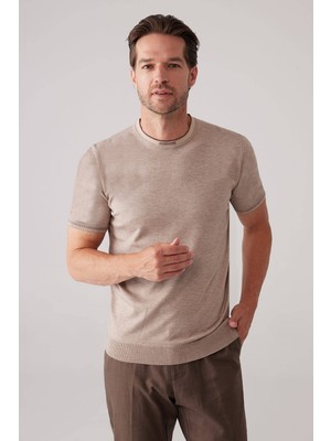 Ysf Erkek Vizon Slim Fit Kaşmir Karışımlı Bisiklet Yaka Tişört