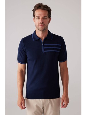 Ysf Erkek Lacivert Slim Fit Hafif Çizgili Fermuarlı Polo Yaka Tişört
