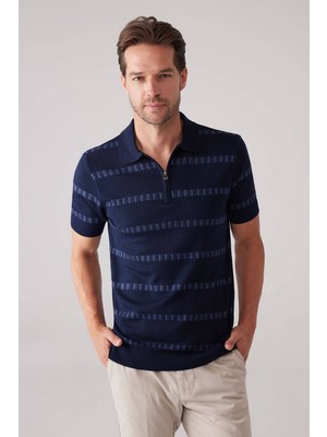 Ysf Erkek Lacivert Slim Fit Pamuk Karışımlı Fermuarlı Desenli Tişört