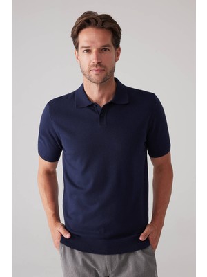 Ysf Erkek Lacivert Slim Fit Kaşmir Karışımlı Polo Yaka Tişört