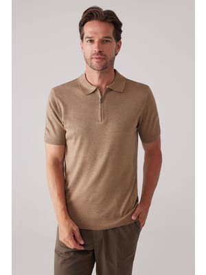 Ysf Erkek Koyu Bej Slim Fit Fermuar Detaylı Polo Yaka Triko Tişört