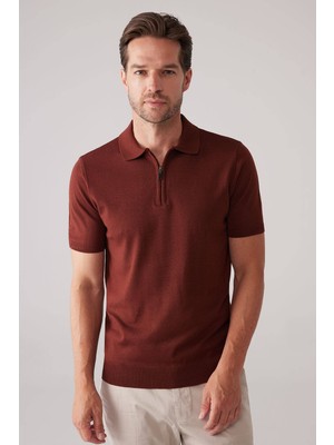 Ysf Erkek Taba Slim Fit Fermuar Detaylı Polo Yaka Triko Tişört
