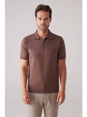 Ysf Erkek Kahverengi Slim Fit Yarım Fermuarlı Pamuk-Kaşmir Polo Tişört