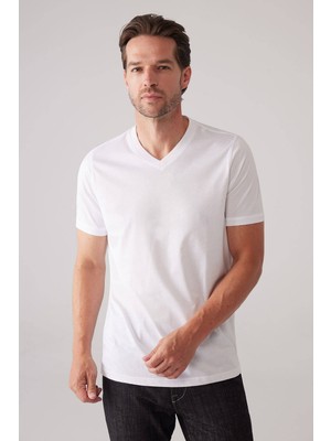 Ysf Erkek Beyaz Slim Fit Merserize Pamuk V Yaka Tişört