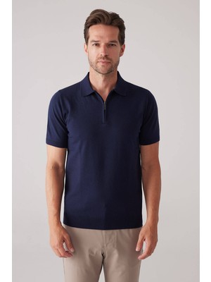 Ysf Erkek Koyu Lacivert Slim Fit Yarım Fermuarlı Pamuk-Kaşmir Polo Tişört
