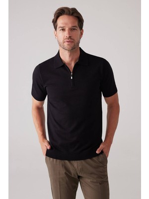 Ysf Erkek Siyah Slim Fit Yarım Fermuarlı Pamuk-Kaşmir Polo Tişört