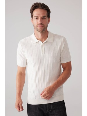 Ysf Erkek Beyaz Slim Fit Dokulu Örme Polo Yaka Tişört