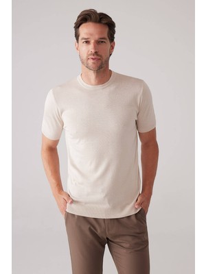 Ysf Erkek Açık Bej Slim Fit Bisiklet Yaka Yazlık Triko Tişört