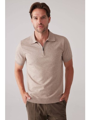 Ysf Erkek Vizon Slim Fit Yarım Fermuarlı Pamuk-Kaşmir Polo Tişört