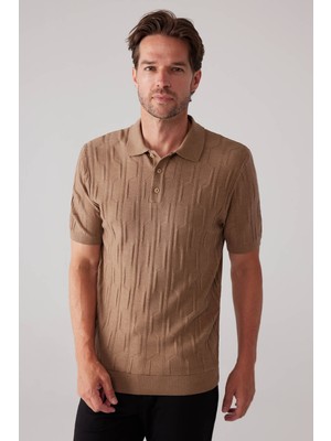 Ysf Erkek Koyu Bej Slim Fit Dokulu Örme Polo Yaka Tişört