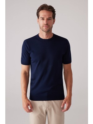 Ysf Erkek Lacivert Slim Fit Bisiklet Yaka Yazlık Triko Tişört