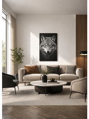 Zera Wall Mdf Tablo Tekli Siyah Beyaz Kurt Portresi Modern Salon ve Ofis Duvar Dekorasyonu