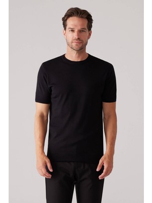 Ysf Erkek Siyah Slim Fit Bisiklet Yaka Yazlık Triko Tişört