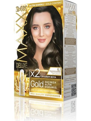Mey İthalat Maxx Deluxe Gold Serisi 24K Altın Parçacıklı Serum ile 1 Kutu 2 x 50 ml ve Geliştiriciler Saç Boyası (Küllü Koyu Kumral 6.1)