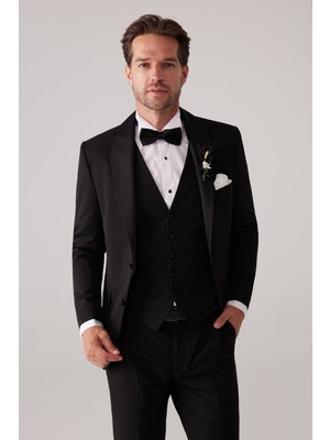 Ysf Erkek Siyah Mono Yaka Slim Fit Yelekli Damatlık