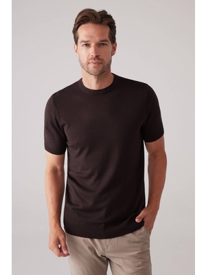 Ysf Erkek Kahverengi Slim Fit Bisiklet Yaka Yazlık Triko Tişört