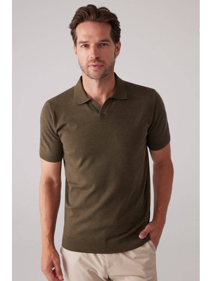 Ysf Erkek Haki Yeşil Polo Yaka Pamuk Kaşmir T-shirt