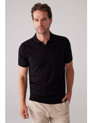 Ysf Erkek Siyah Polo Yaka Pamuk Kaşmir T-shirt