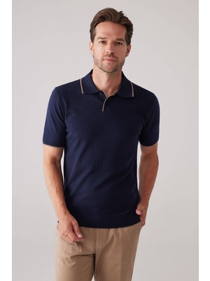 Ysf Erkek Lacivert Polo Yaka Pamuk Kaşmir İçerikli T-shirt