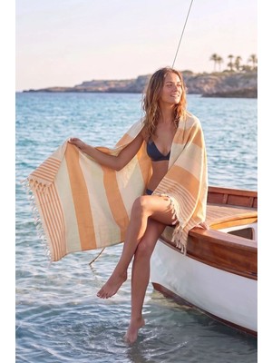 Deriderim Turuncu Su Yeşili Çizgi Desenli Yazlık Peştamal Hafif Su Emici Plaj Havlusu