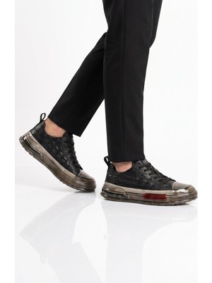 Voyager Siyah Hakiki Deri Kroko Desenli Kalın Taban Erkek Casual Ayakkabı Sneaker E058 M