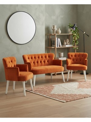 Azra Mobilya Roma 2+1+1 Babyface Kumaş Çay Seti Ev & Ofis Koltuk Takımı - Ahşap Beyaz Ayak - Bakır