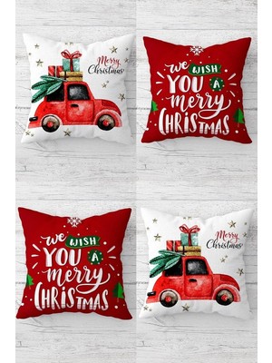 Mey İthalat Pelangi Yılbaşı Merry Christmas Gizli Fermuarlı Kırlent Kılıfı Koltuk Yastık Kılıfı TAKIM(4ADET), Kırmızı-Beyaz 45 x 45