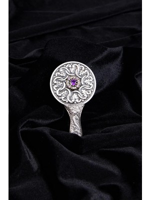 Mey İthalat Turan Design. Mor Taşlı 925 Ayar Mini Boy Gümüş El Aynası