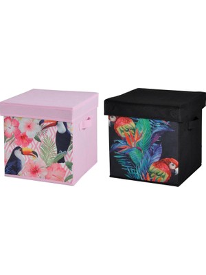 Mey İthalat Oyuncak Kutusu 2 Li Set Saklama Kutusu Kapaklı Papağan Desen Kumaş 28X28X28CM