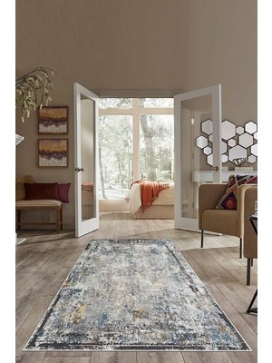 Mey İthalat Pelangi Gri Eskitme Desenli Yıkanabilir Kaymaz Taban Leke Tutmaz Modern Salon Halısı ve Yolluk, Mavi-Gri 80 x 300, 7457122680300728