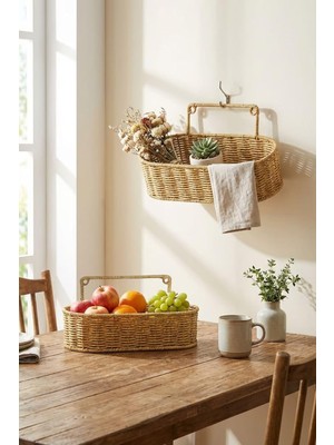 Mey İthalat Buffer 2'li Duvar Askılı Oval Plastik Rattan Organizer Sepeti, Hasır Görünümlü Banyo ve Mutfak Raf Düzenleme Ünitesi, 28X10X7CM ve 31X12X7CM
