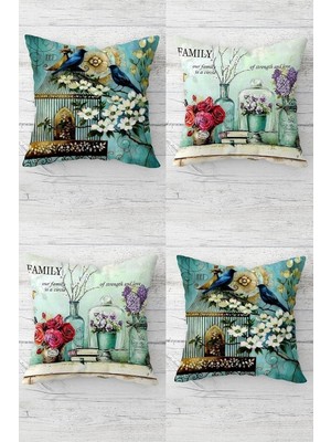Mey İthalat Pelangi Bahar Dalında Kuşlar Vintage Desen Gizli Fermuarlı Kırlent Kılıfı Koltuk Yastık Kılıfı TAKIM(4ADET), Mavi 45 x 45