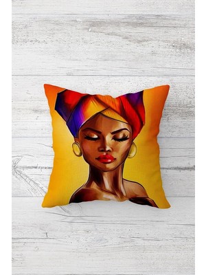 Mey İthalat Pelangi Afrikalı Kadın Desenli Çift Tarafı Baskı Gizli Fermuarlı Yastık Kılıfı Kırlent Koltuk Yastık Kılıfı, Hardal 45 x 45, 24691155245451