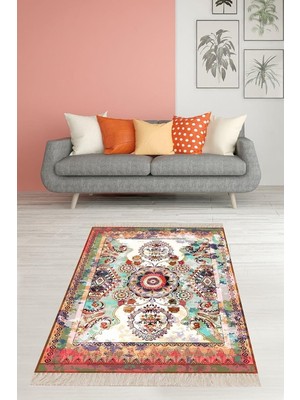 Mey İthalat Pelangi Çiçek Desenli Motifli Renkli Çerçeve Dijital Baskı Yıkanabilir Kaymaz Taban Salon Halısı ve Yolluk, Karışık Renk 160 x 230