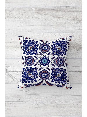Mey İthalat Pelangi Mavi Çini Desenli Çinili Çift Tarafı Baskılı Gizli Fermuarlı Dekoratif Kırlent Koltuk Yastık Kılıfı, Saks Mavi-Kırmızı 45 x 45, 24691123045451