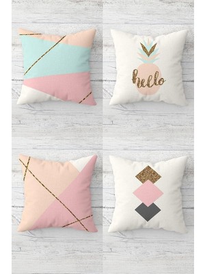 Mey İthalat Pelangi Hello Ananas Geometrik Desenli Gizli Fermuarlı Kırlent Kılıfı Koltuk Yastık Kılıfı TAKIM(4ADET), Pembe-Beyaz 45 x 45